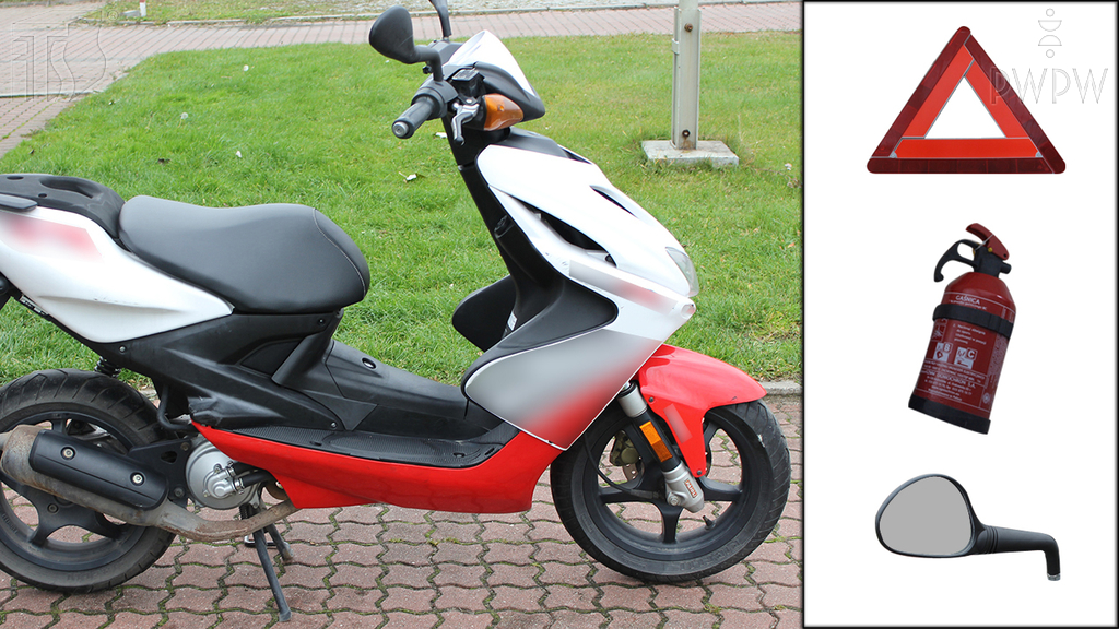 Materiał do pytania: Który z wymienionych elementów jest obowiązkowym wyposażeniem motoroweru?