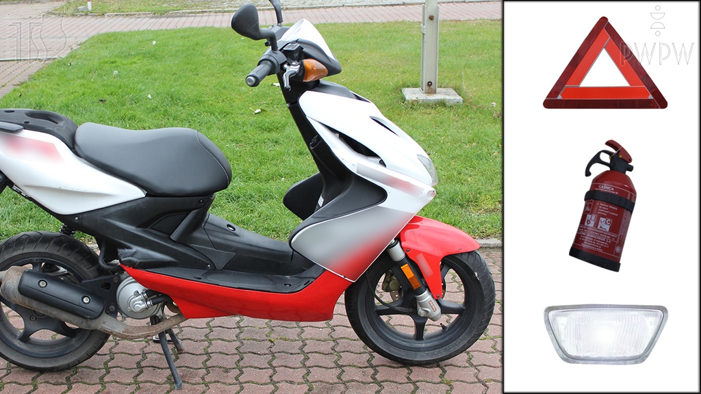 Materiał do pytania: Który z wymienionych elementów jest obowiązkowym wyposażeniem motoroweru?